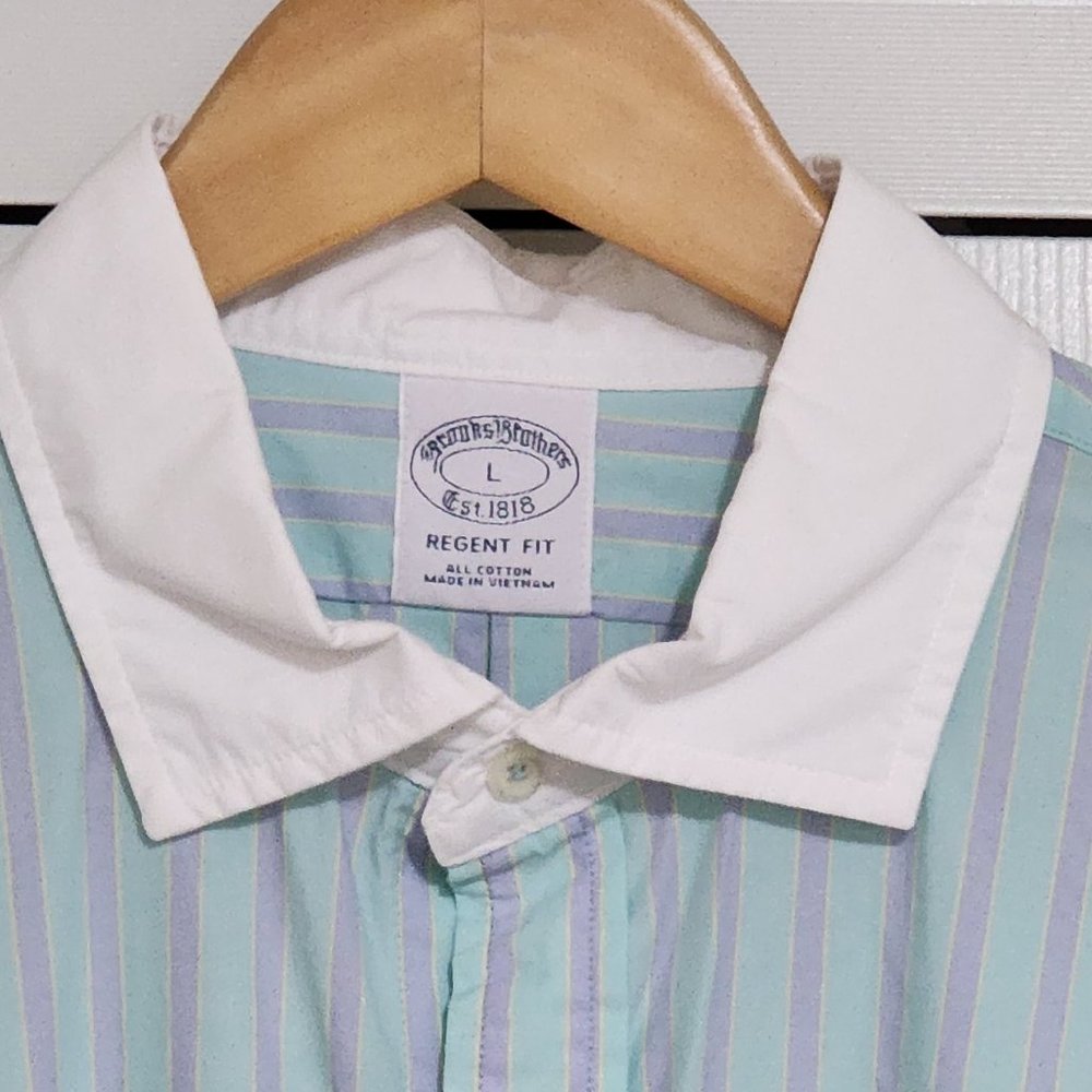 BROOKS BROTHERS REGENT FIT Blue/Seafoam Cotton Stripe Sz Large